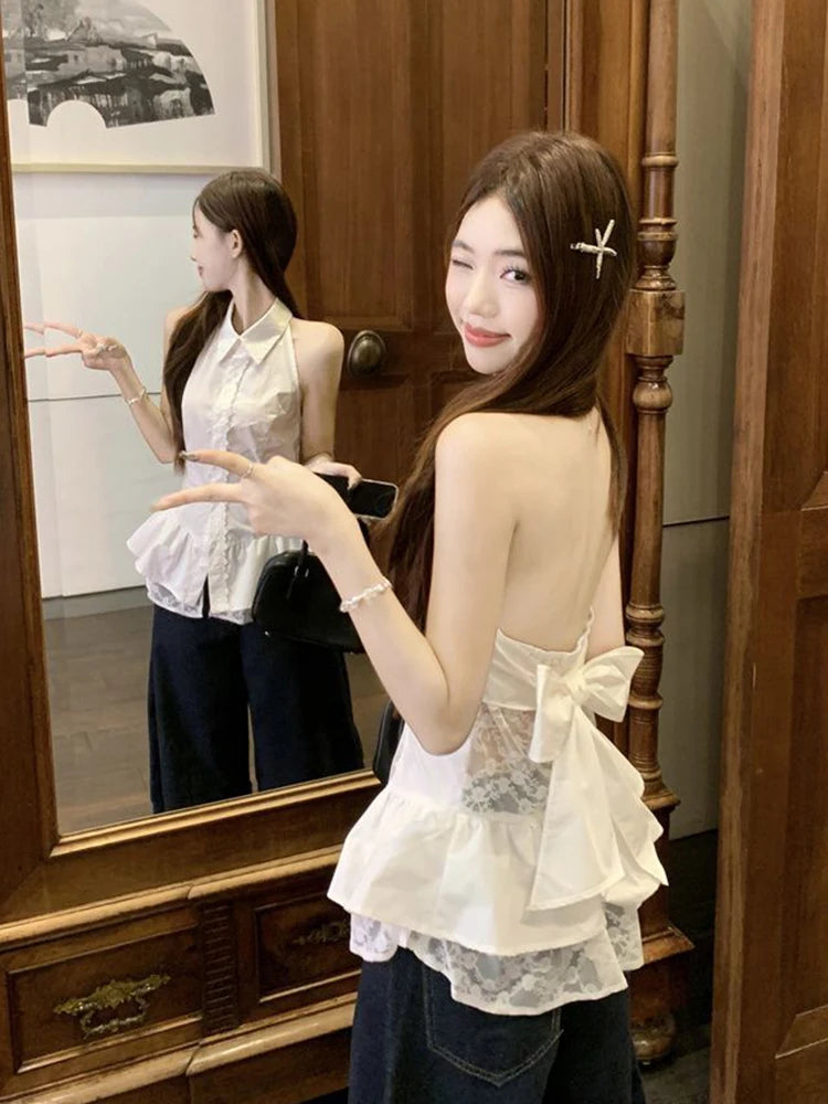 Lunivop  Sexy Backless Bow Shirt Women Sweet Lace Patchwork Slim White Blouse French Vintage Elegant Lady Summer Hollow Out Tops New