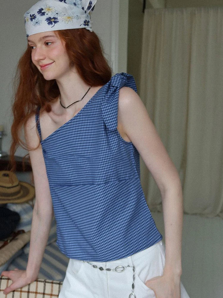 Lunivop American Retro Plaid Tanks Women Slim Sexy Off Shoulder Camis Tanks Cute Bow Vintage Female Summer Casual Y2K Tanks Tops