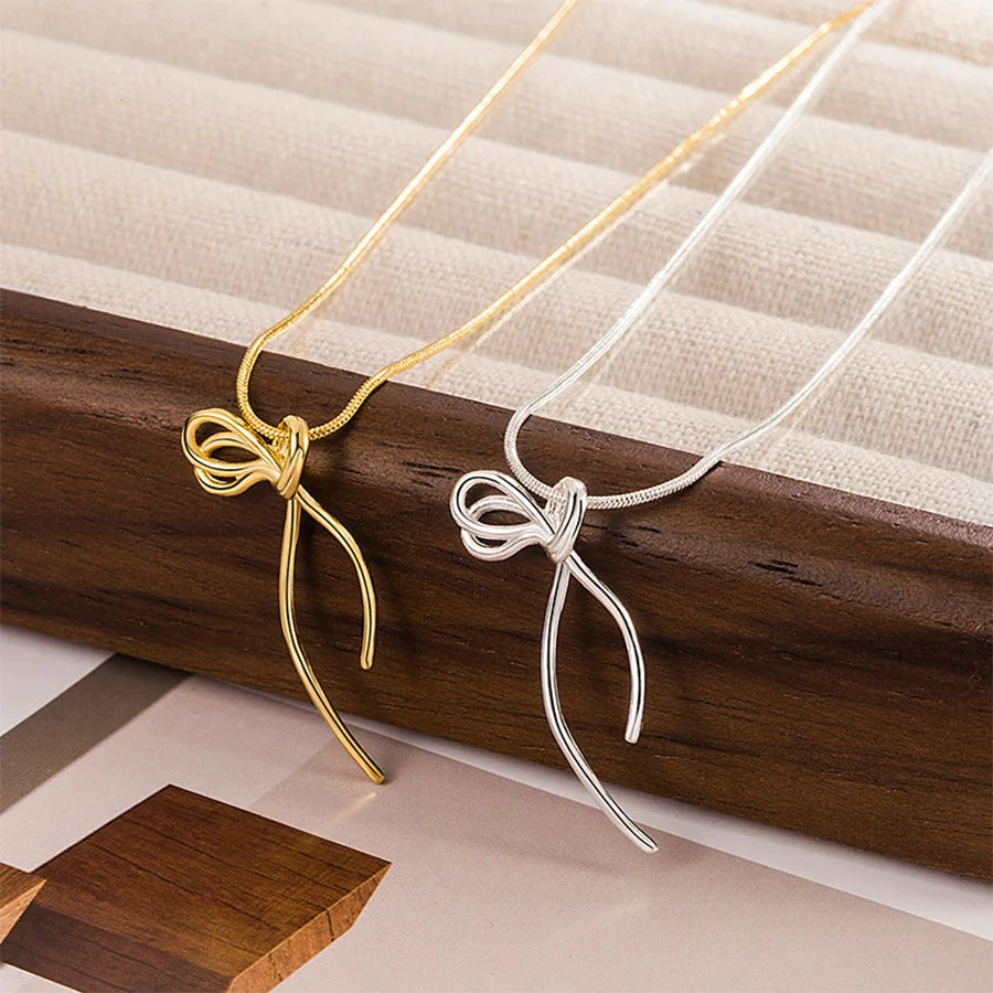 Lunivop Trendy Simple Golden Silver Plated Bow Pendant Necklace for Women Glossy Copper Chain Sweet Elegant Party Jewelry Wedding Gifts