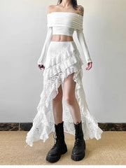 Lunivop  Deeptown Elegant Tulle Ruffle Skirt Women Boho Lace Vintage White Irregular Skirt Korean Style Summer Layered Mid Skirts Street