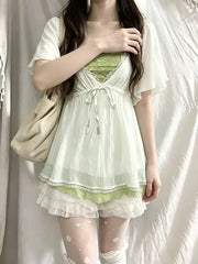 Lunivop  Japanese Vintage Fashion White Mesh Cardigan Casual Layered Top Waist Cinching Half Skirt Summer Harajuku 3-piece Set