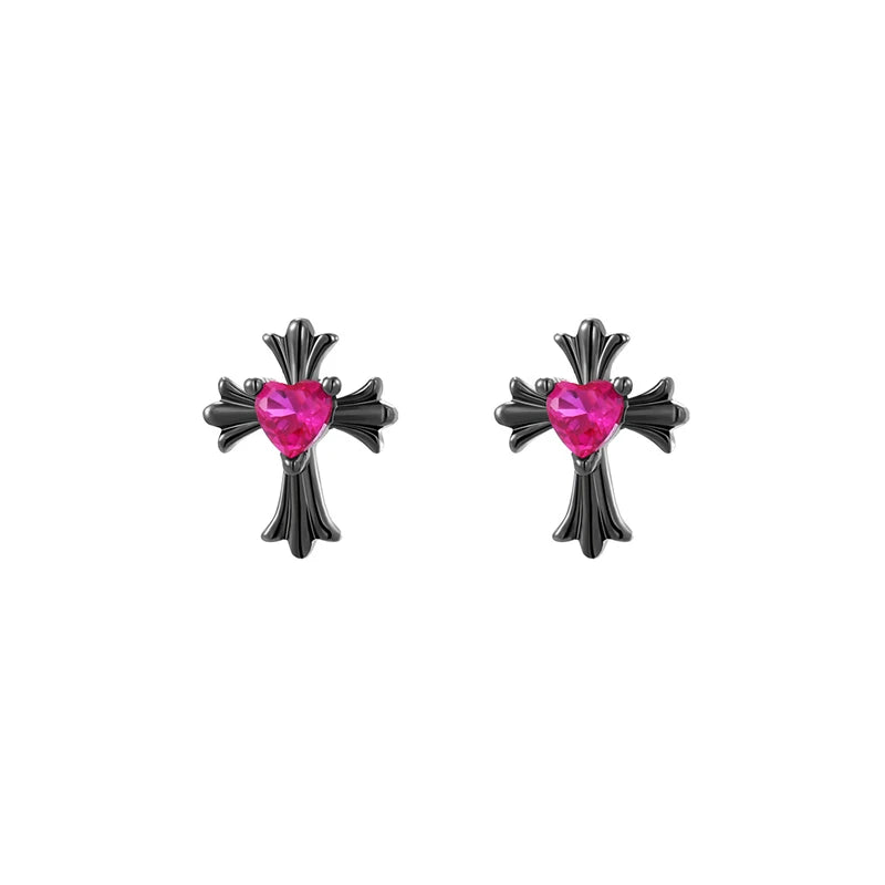 Lunivop 1 PCS Black Cross Rose Red Zircon Crystal Ear Bone Nail 316L Medical Titanium Steel Earrings for Women Y2K Punk Superior Jewelry