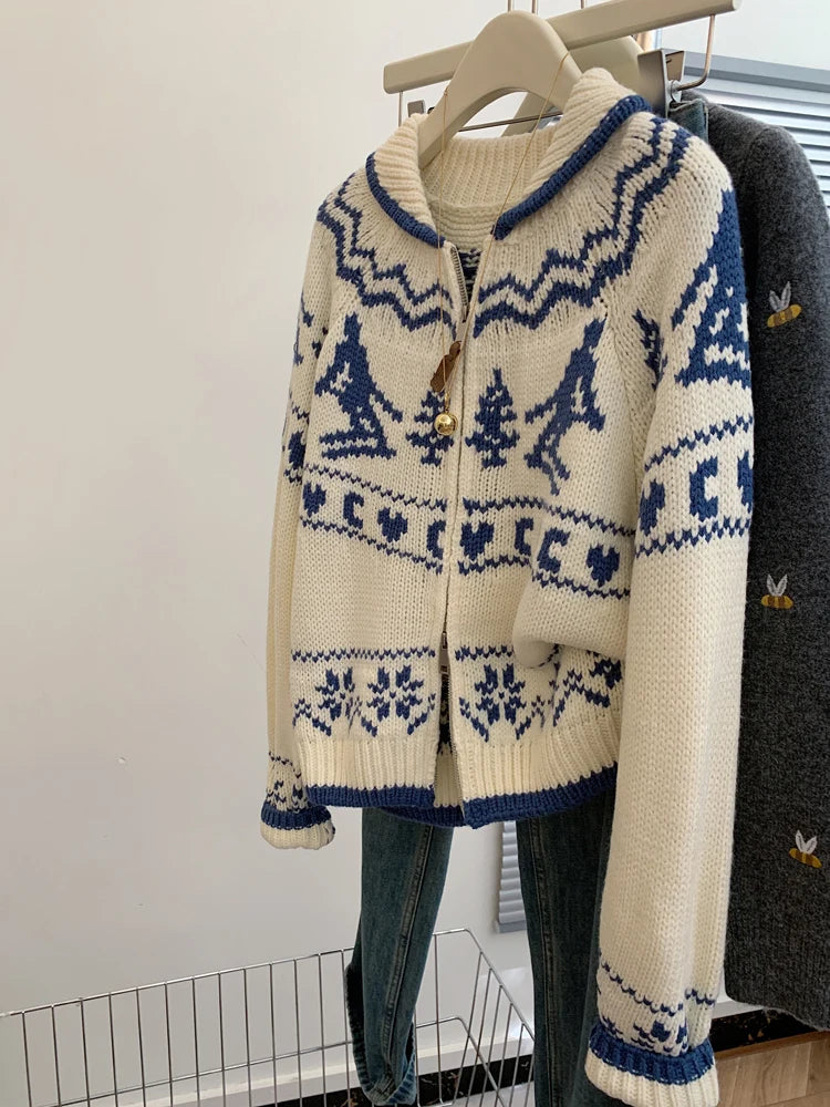 Lunivop Fair Isle Knit Zip Up Sweater Cardigan Women Zipper Front Sweater Jacket Cozy Knitwear Teen-girl Fall Winter Vintage Outfit