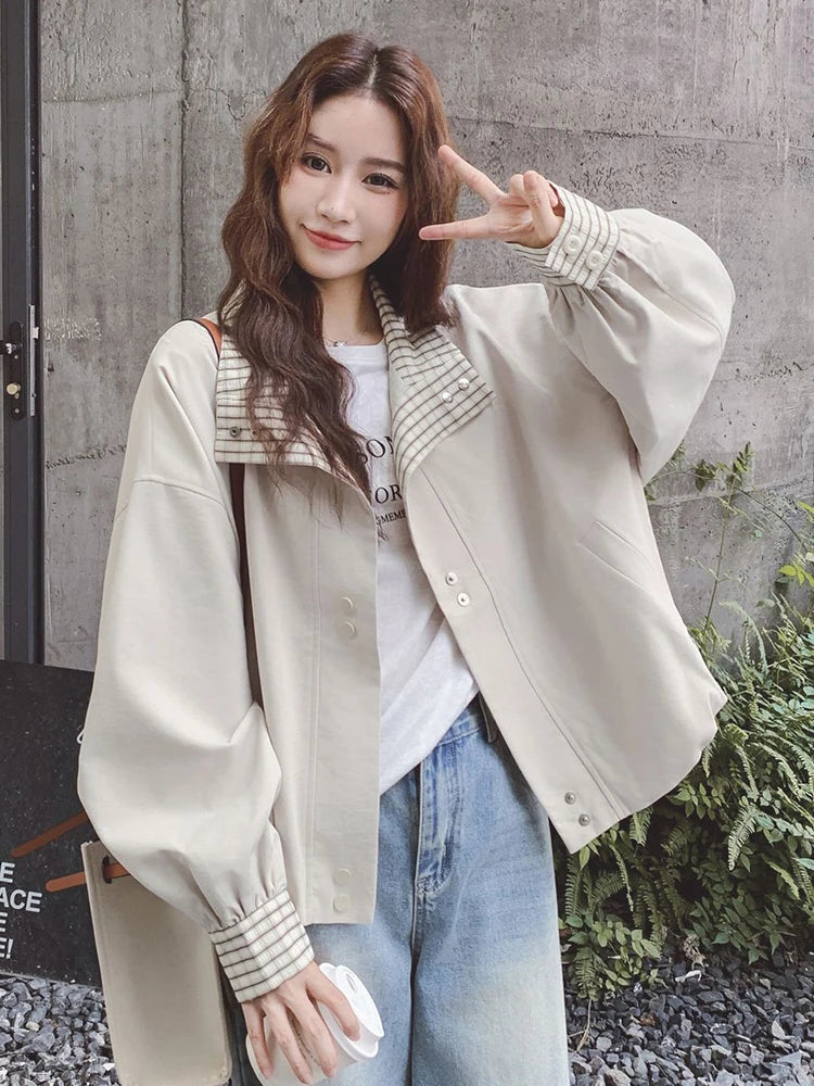 Lunivop Korean Sweet Chic Jacket Women Loose Fall Long Sleeve Elegant Short Coat Fashion Plaid Patchwork Preppy Style Cute Outwear Tops