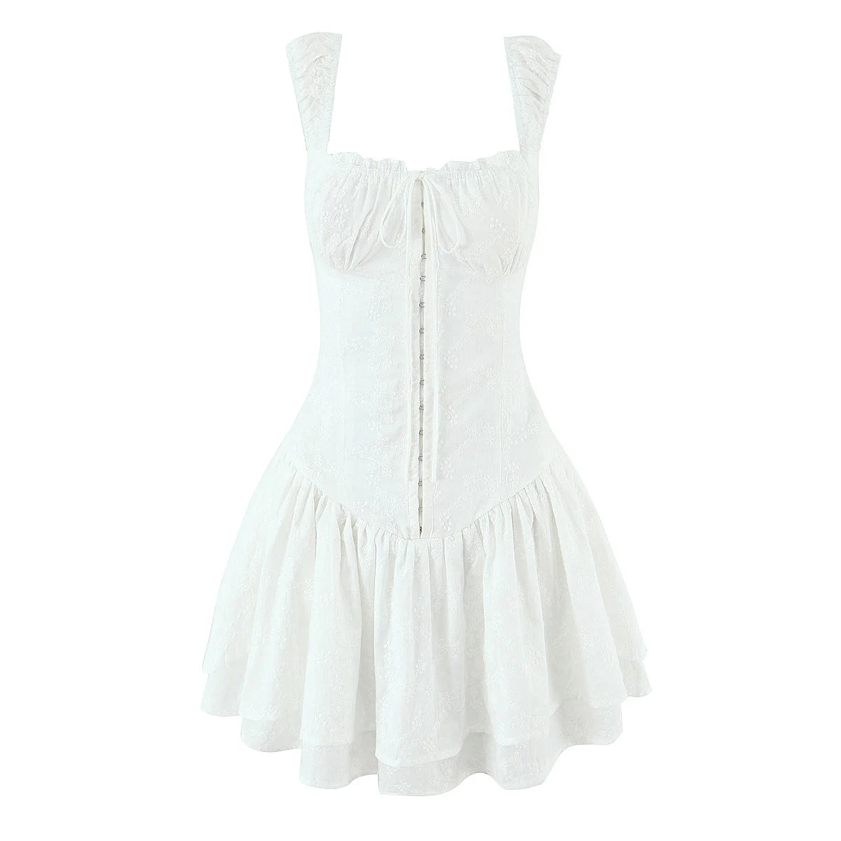 New 2025 Women Floral Embroidery White Tank Mini Dress Sexy Sleeveless Low Waist A-line Slim Summer Dresses Casual Robe