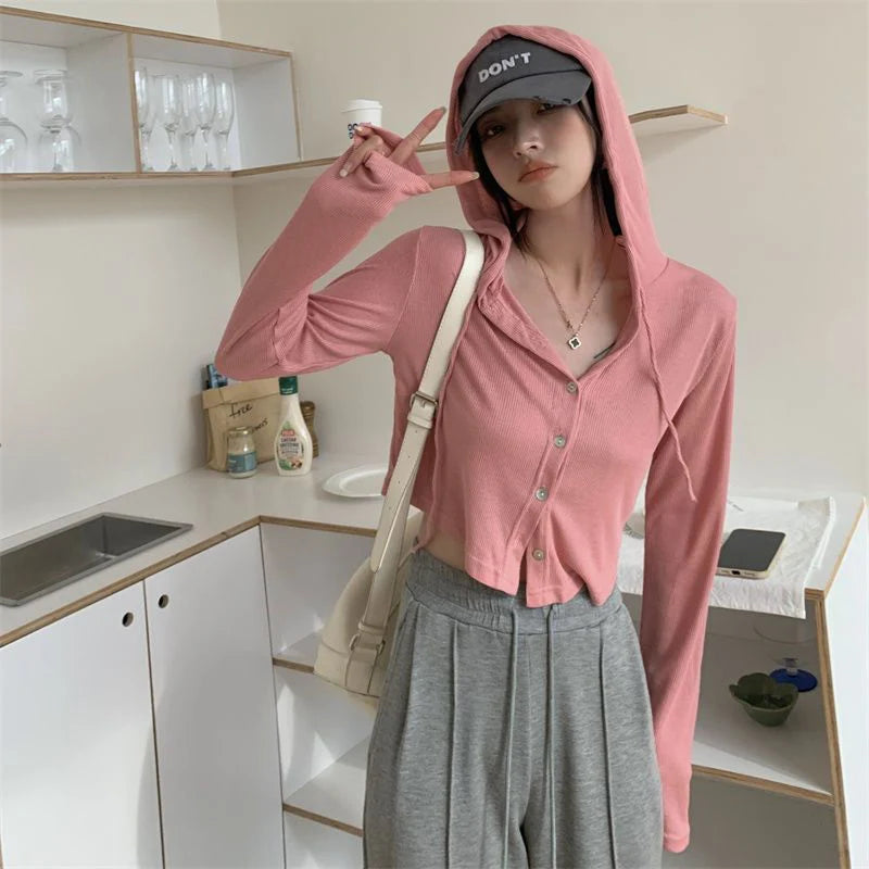 Lunivop Rimocy Summer Knitted Hooded Cardigan Women Korean Streetwear Single Breasted Crop Tops Woman Solid Long Sleeve Knitwear Top