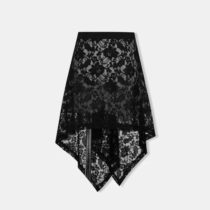 Lunivop Sexy Lace Black Skirts for Women See Through Vintage Boho Short Skirts Tulle Elegant Irregular Y2k Skirt Aesthetics