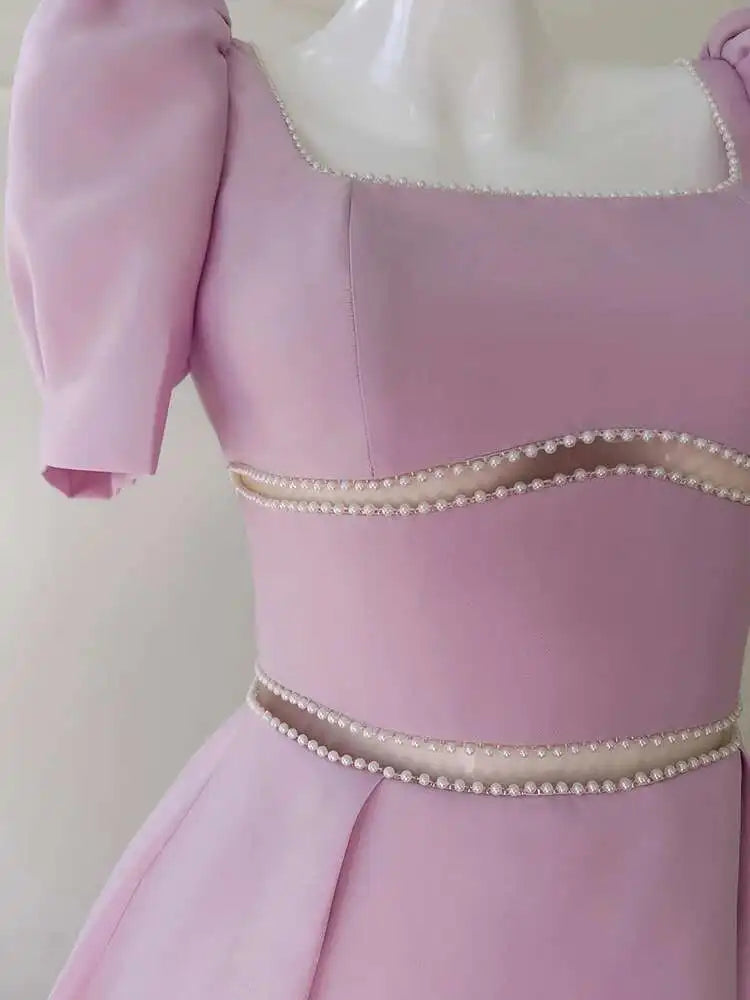 Lunivop Solid Hollow Beaded Design Long Dresses For Women Square Collar High Waist Elegant Dress Female 2025 New Clothing