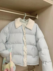 Lunivop Blue Floral Patchwork Parkas Women Korean Sweet Winter Warm Puffy Coat Casual Long Sleeve Loose Preppy Style Cotton Jacket