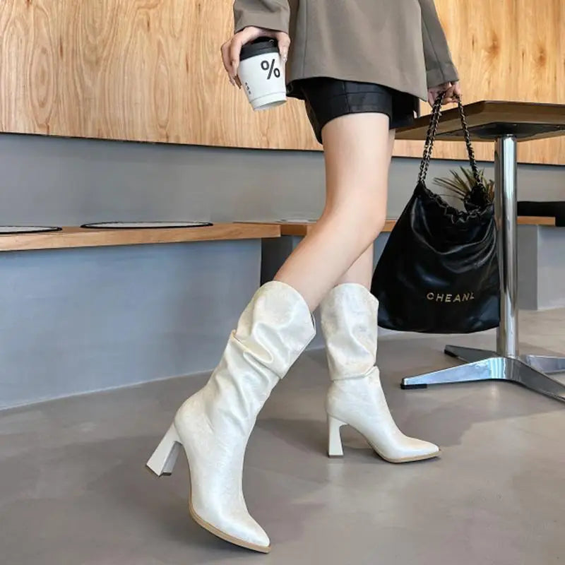 Lunivop Sexy Pointy Thigh High Boots Women Party Shoes New Fashion Patent Leather Pleated Slim Long Boots Thick High Heel Botas De Mujer