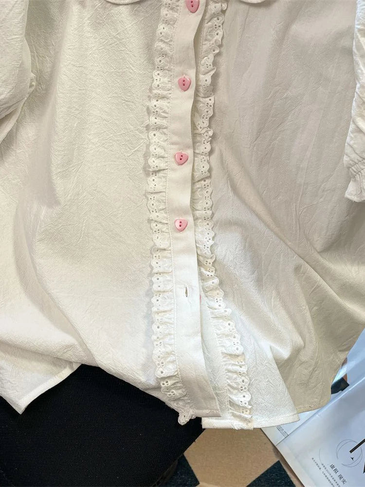 Lunivop  Lolita Cute White Shirt Women Vintage Short Sleeve Kawaii Blouse Japan Preppy Style Embroidery Peter Pan Collar Retro Tops