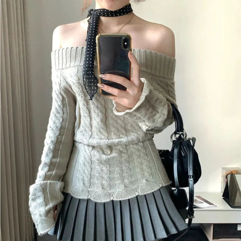 Lunivop Korean Style Sexy Off Shoulder Sweater Women Sweet Elegant Long Sleeve Knitted Pullover Cute Fashion Slim Up Sweaters