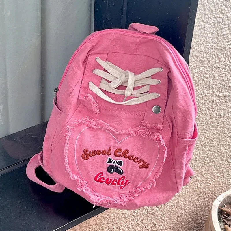 Lunivop Pink Y2k Womens Backpack Denim Fashion Cute Large Capacity Vintage Backpack Letter Embroidery Harajuku Style Aesthetic Bags