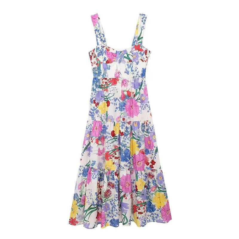 Lunivop Elegant Flower Print Backless Strap Dress Women Sexy Chic Sleeveless Ruffles Maxi Dress Female 2024 Summer Holiday Beach Robes