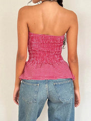 Lunivop  Y2k Red Gingham Crop Top Womean Sexy Strapless Ruffle Hem Sleeveless Button Cami Coquette Aesthetic Plaid Print Crop Top Summer