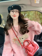 Lunivop Cute Cartoon Pink Sweater Women Sweet Long Sleeve Knitted Kawaii Jumper Vintage Japan O Neck Lady Casual Lazy Wind Tops New