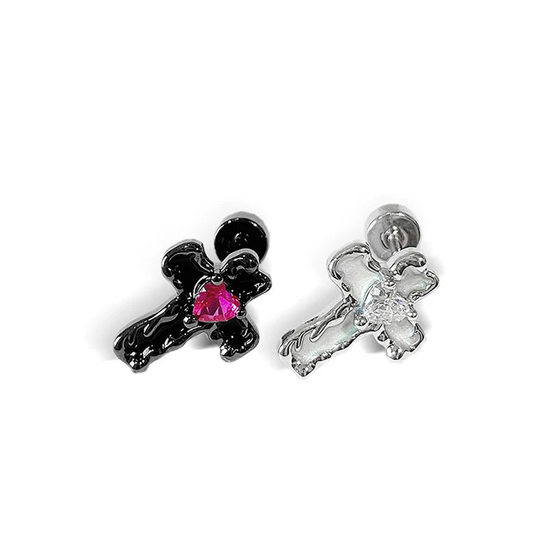 Lunivop 1PCS Y2K Liquid Lava Cross 316L Stainless Steel Ear Bone Nail Drip Glaze Love Zircon Earrings for Women Cochlear Accessories