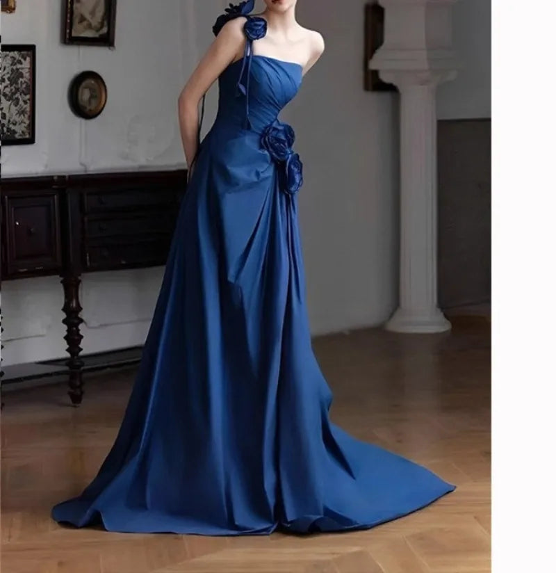 Lunivop  High End Formal Flower One Shoulder Formal Occasion Dresses New Slim Waist Pleated Long Vestidos Satin Temperament A-line Gown formal dress