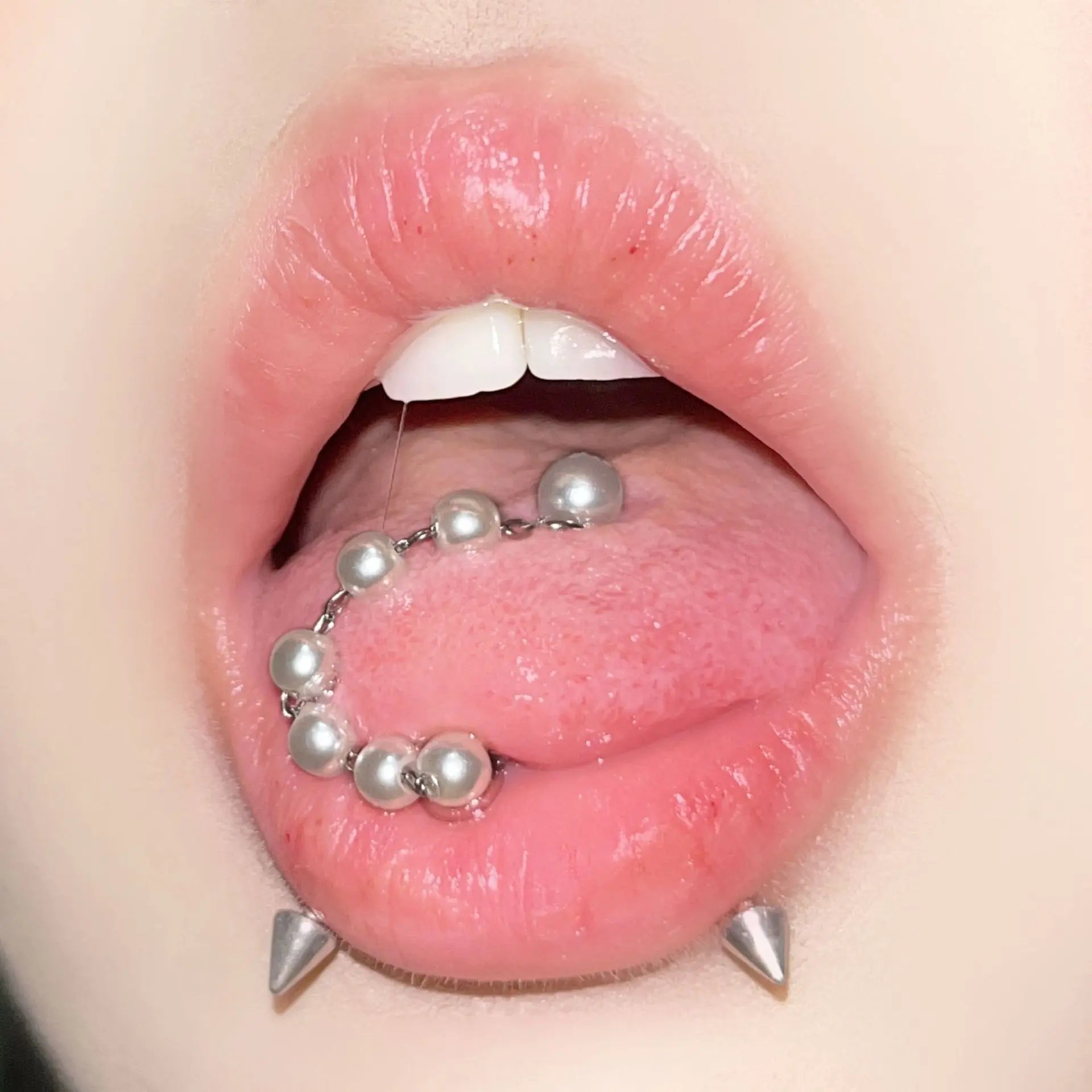 Lunivop Fashion Acrylic Pearl Tongue Piercings With Chain Girl Cute Small and Popular Tongue Rings Nipple Studs Jewelry