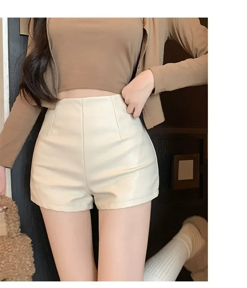 Lunivop Women's New Autumn Black Leather Shorts High-waisted Slimming Tight A- line Casual Pants For Smooth Slimmed Silhouette