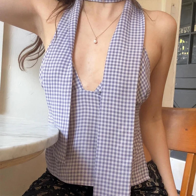Lunivop   Plaid Print All-match Sexy Deep V-Neck Backless Casual Halter Tops Y2K Summer Fashion Sweet Cute Daily Streetwear Vest