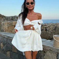 Lunivop   Tank Top Puffy Mini Skirt Two Piece Set Women Summer Sling Crop Top Short Skirt Sets Female Beach Casual Dress Set Suit 2025