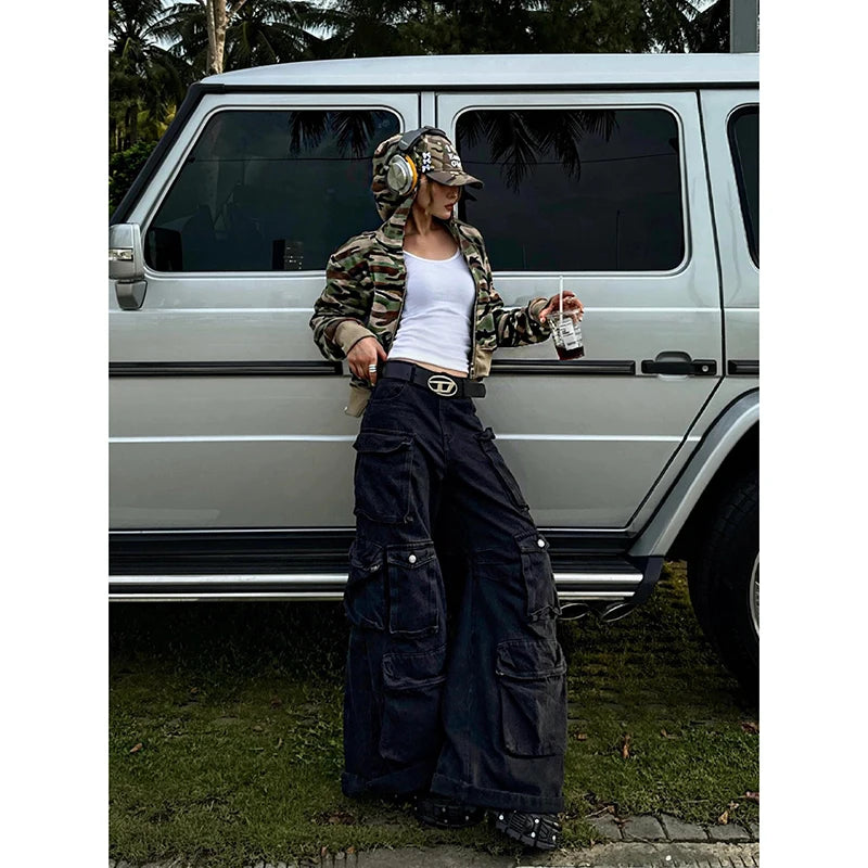 Lunivop Women's Casual Grunge Y2K Street Washed Denim Trouser American Retro High Waist Pockets Jeans Vintage 2000s Hip-hop Baggy Pants