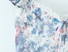 Lunivop  Summer Floral Print Spliced Lace Chest Bow Collar Short Puff Sleeve Dress Low Waist Ruched Hem Swing Mini Dresses Cake Robe