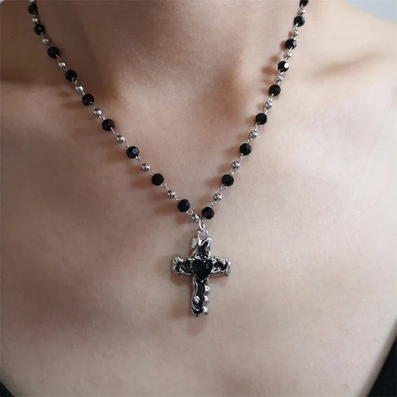 Lunivop Y2k Cool Star Black Cross Pink Thorns Heart Bowknot Pendant Clavicle Chain Necklace For Women Egirl Men EMO Grunge Jewelry Gift