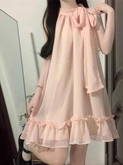 Lunivop  Pink Beach Mini Dress Women Sweet Bow Fashion Casual Korean Sexy Halter Dress Summer Chic Loose Female Elegant Dress New