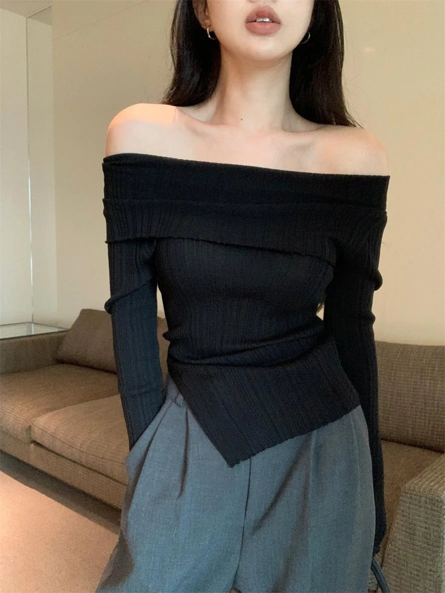Lunivop Off Shoulder Knit Top for Women Long Sleeve Off-The-Shoulder Ribbed Knit Pullovers Women Sweater Y2K Outfit