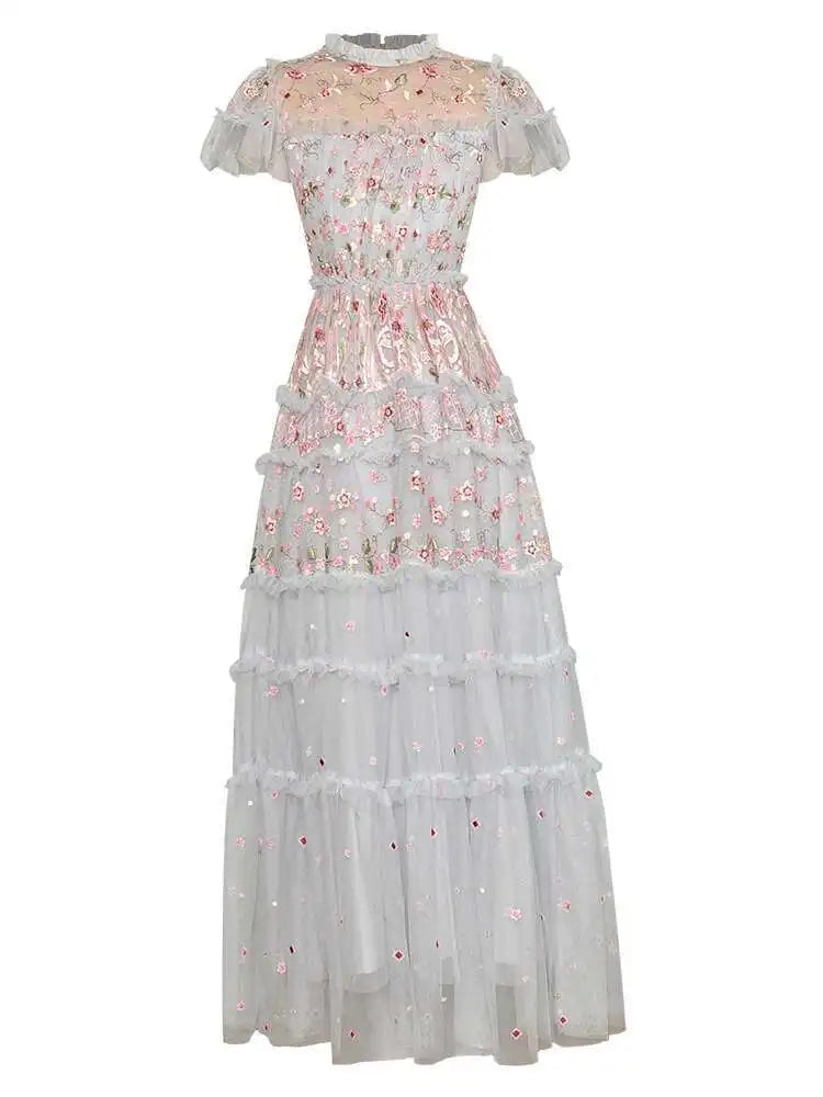 Lunivop  Solid Big Swing Heavy Industry Mesh Embroidery Women's Dresses Round Neck Short Sleeve High Waist Dress Summer 2025