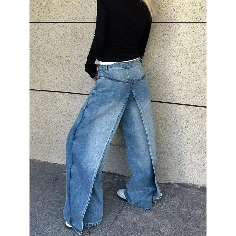 Lunivop Korean Retro Washed Splicing Casual All Match Jeans Women Spring New High Waist Loose Distressed Denim Wide Leg Pants