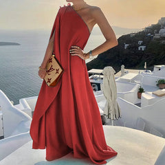 Lunivop  Women Summer Fashion One Shoulder Dress Sleeveless Solid Color Banquet Dress Loose Slash Neck Long Beach Dresses
