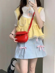Lunivop  Summer Academy Style Solid Color Doll Neck Top Short Sleeved Tank Top Vest Vest High Waist Solid Color Bow Women's Short Skirt