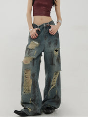 Lunivop  Streetwear Hole Y2K Jeans Women Vintage American High Waist Harajuku Denim Pant Loose Hip Hop Design Lady Wide Leg Trousers
