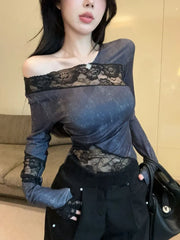 Lunivop  Y2k Lace Patchwork Vintage Long Sleeve T-shirts Summer Irregular Slim Fit Top for Women 2025 New Long Sleeve Tee Shirt