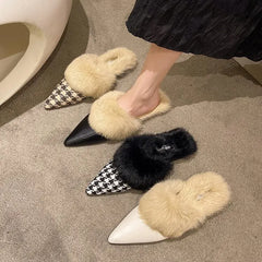 Lunivop New Winter Warm Fur Plush Women Slippers Fashion Furry Plaid Shoes Pointed Toe Flat Heel Hair Slides Zapatos De Mujer