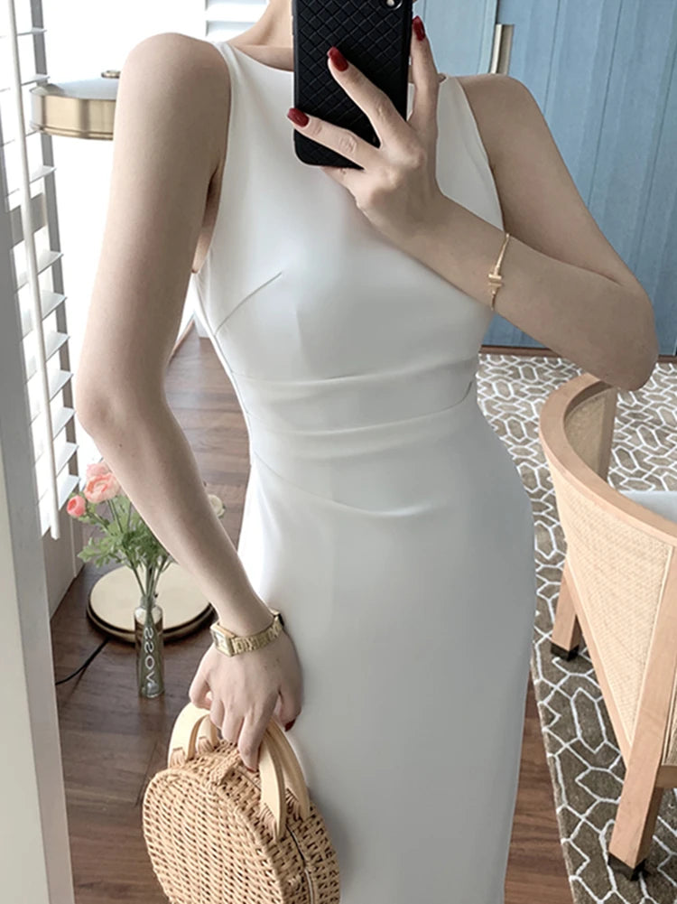 Lunivop  Women Spaghetti Strap Sleeveless Solid Sexy Dresses Summer New Fashion Office Lady Female Elegant Evening Party Midi Dress