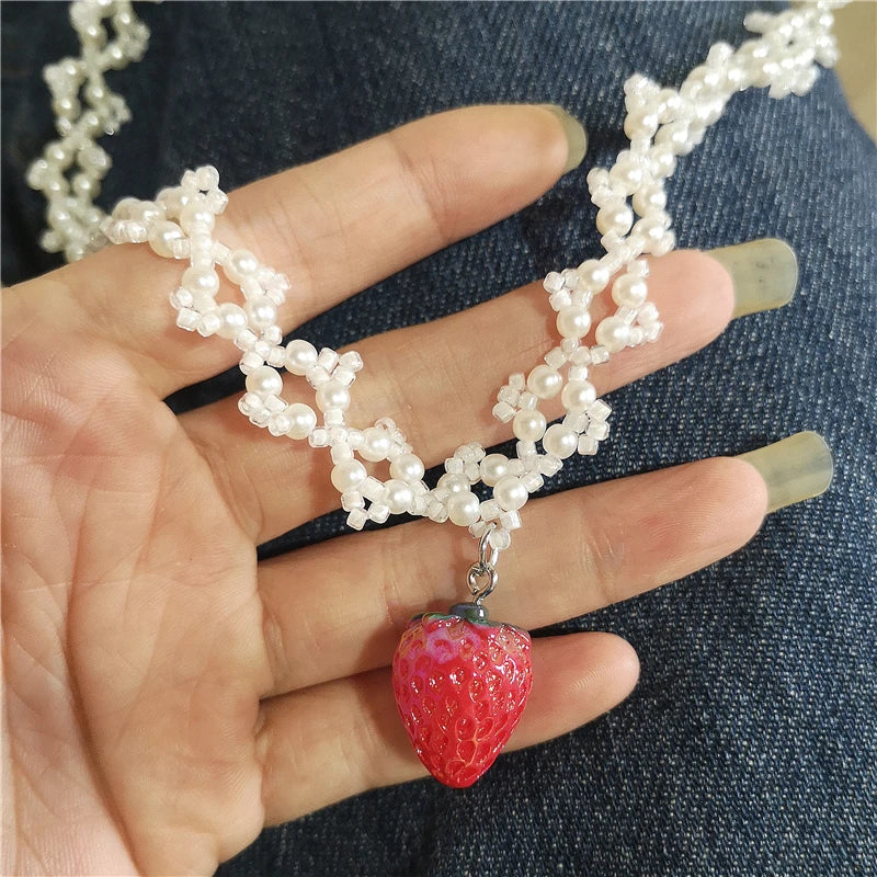 Lunivop Kpop Goth Vintage Cute Charm Cherry Strawberry Pendant Pearl Choker Necklace Women 2000s Y2K EMO Rave Jewelry Scene Accessories