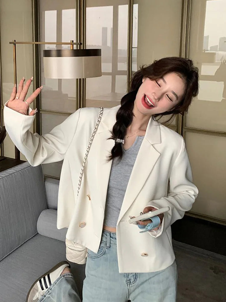 Lunivop Elegant White Blazer Women Slim Long Sleeve Korean Sweet Suit Coat Casual Fashion Fall Double Breasted Female Chic Short Outwear