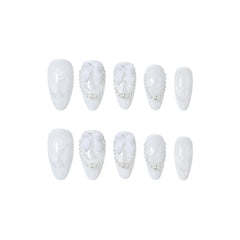 Lunivop  Get Glamorous with,24Pcs/Set Long almond Lace pattern design Press on Nails tip Bow with pearl design translucent Acrylic Fake N