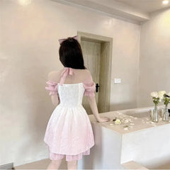 Lunivop  Japanese Summer Lolita New Spliced Lace Gauze Bandage Fashion Slim Minimalist Casual Puff Sleeve Princess Party Dresses