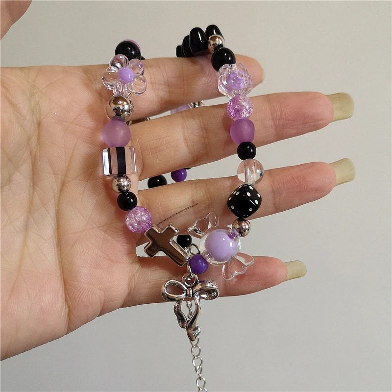 Lunivop Kpop Cute Aesthetic Heart Bow Cross Pendant Purple Bead Necklace Egirl Goth Vintage 2000s Y2K EMO Rave Jewelry Scene Accessories