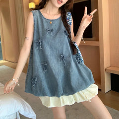 Lunivop Summer New O-neck Backless Bow Splicing Distressed Casual Denim Tank Tops Women + Pleated A-line Skirt Two-piece Suit