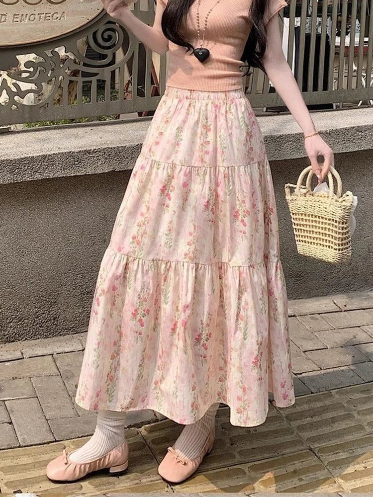 Lunivop  Cute Floral Long Skirts Women Elegant High Waist Retro Sweet Skirt Japan Casual Loose All Match Spring Summer Kawaii Skirt