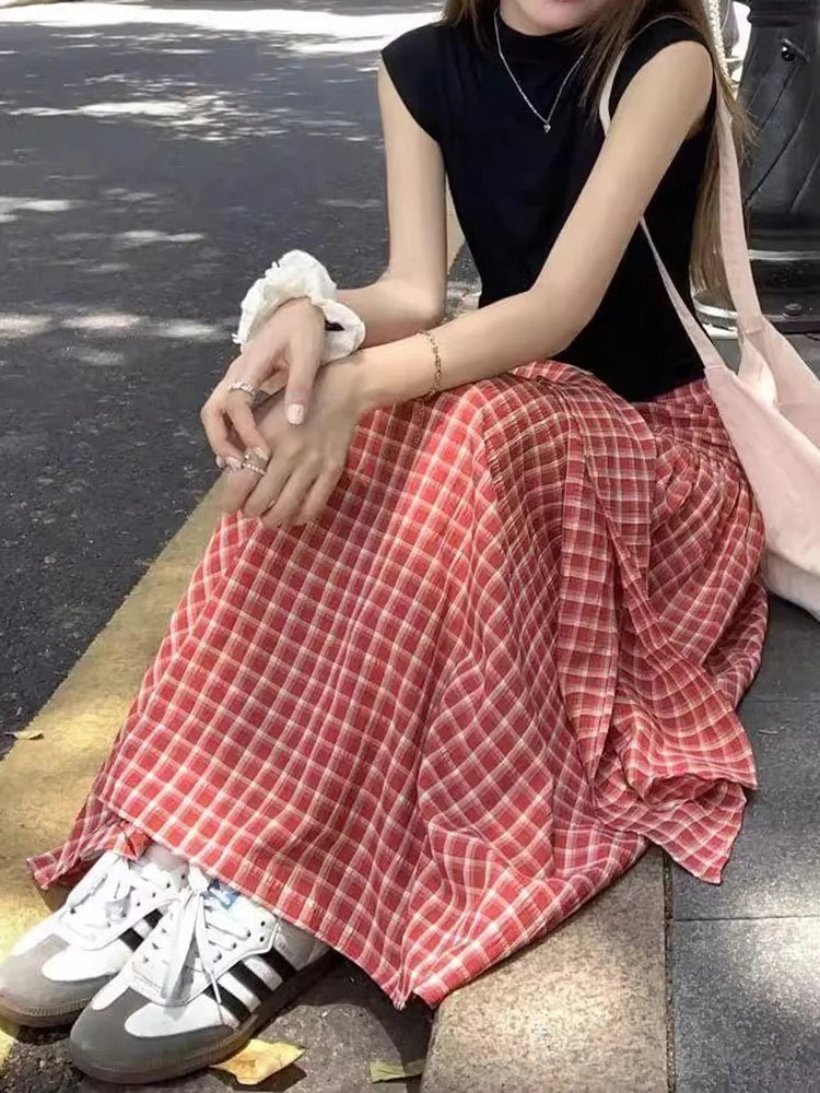 Lunivop  Vintage Red Plaid Long Skirts Women Sweet Bow High Waist A Line Skirt Vintage Korean Loose Casual Design Female Skirt New