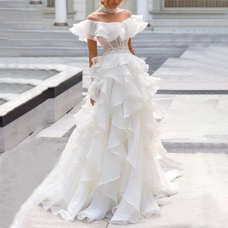 Lunivop  Elegant A-Line Long Ruffles Prom Dresses for Women Off The Shoulder Floor-Length Special Events Wedding Gala Party