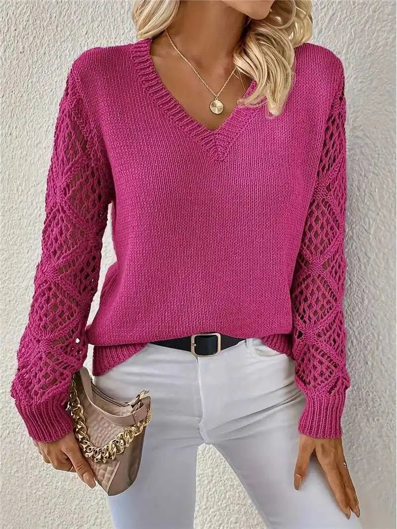Lunivop Long Sleeve Pointelle Knit Top Pullovers Women Sweater Openwork Long Sleeve V-neck Jumper Fall Winter Blusas Para Mujer Outfit