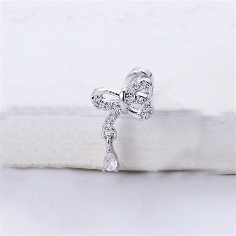 Lunivop 1 Pcs Cute Pink Zircon Bear Cross Love Heart 316L Stainless Steel Ear Bone Nail for Women Small Earrings Jewelry Birthday Gift